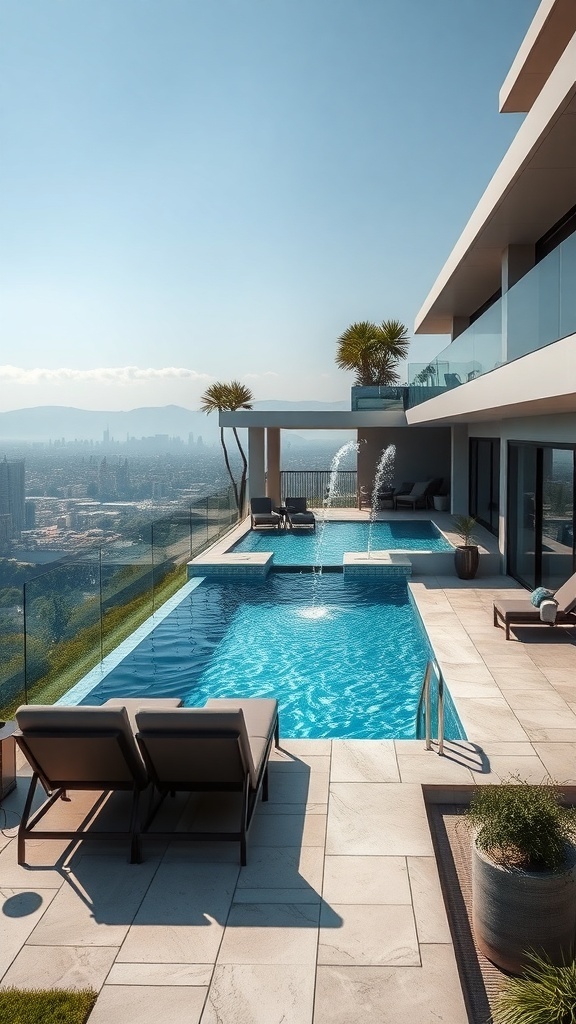 Eine moderne Poollandschaft mit mehreren Ebenen, Liegen und Blick auf die Stadt.