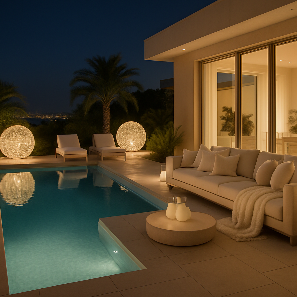 Ein eleganter Pool mit künstlerischen Lichtinstallationen und stilvollen Möbeln bei Nacht.