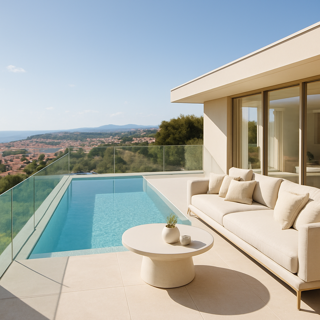 Ein moderner Pool mit Glaswänden und Blick auf die Landschaft