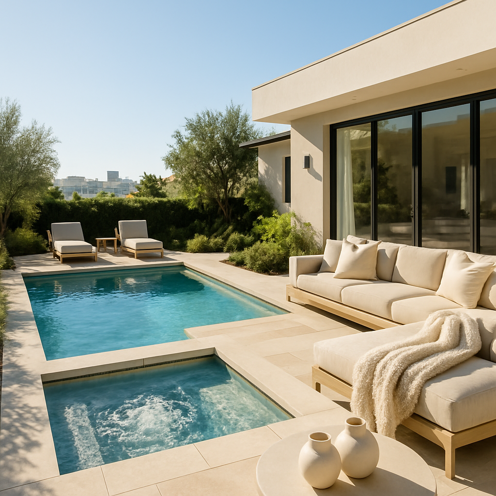 Ein moderner Pool mit integriertem Whirlpool, umgeben von gemütlichen Möbeln und einer grünen Landschaft.