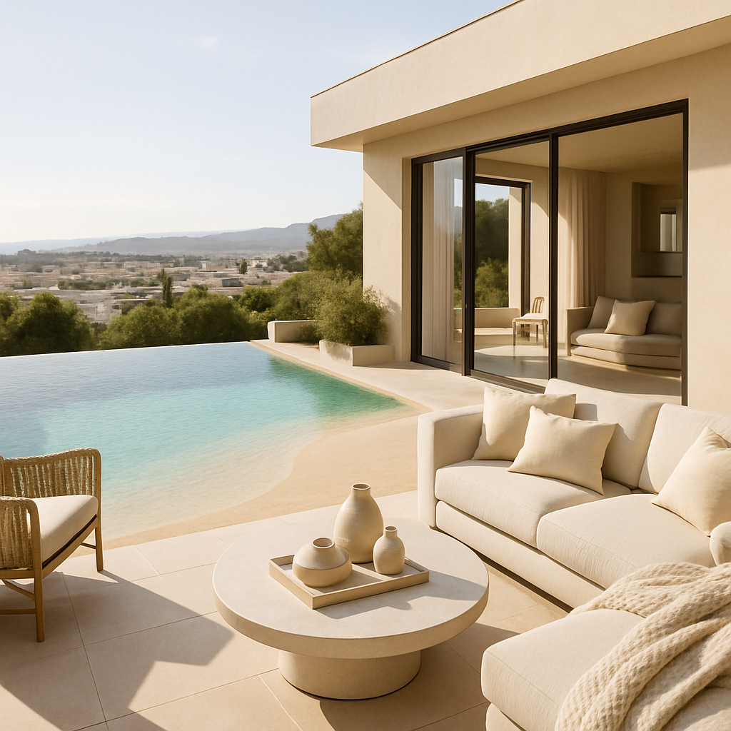 Ein moderner Pool mit natürlichem Strandzugang, umgeben von einer schönen Landschaft und stilvollen Möbeln.