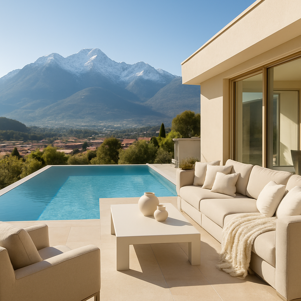 Ein moderner Pool mit Blick auf schneebedeckte Berge, umgeben von einem eleganten Sitzbereich.