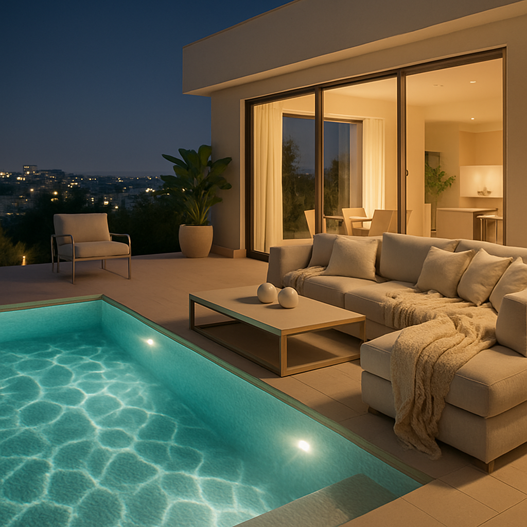 Ein moderner Pool mit Unterwasserbeleuchtung, umgeben von einem stilvollen Wohnbereich.