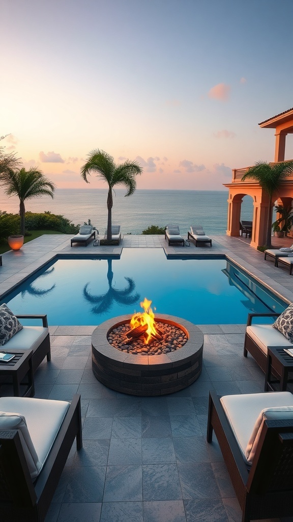 Ein eleganter Pool mit einem Feuer pit, umgeben von Liegen und Palmen, während die Sonne untergeht.