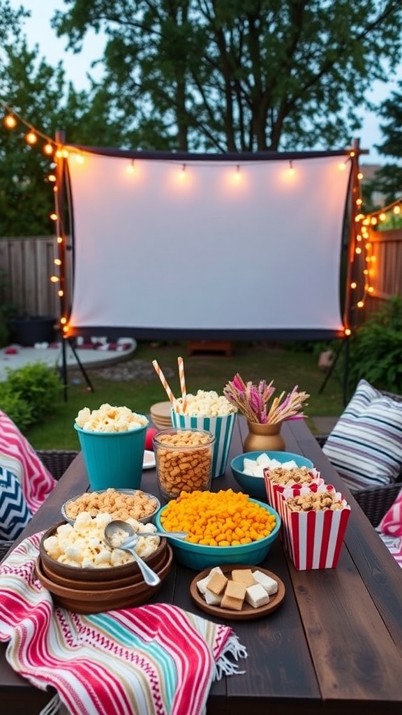 A cozy outdoor popcorn bar setup with various popcorn flavors and toppings, ready for a backyard movie night.