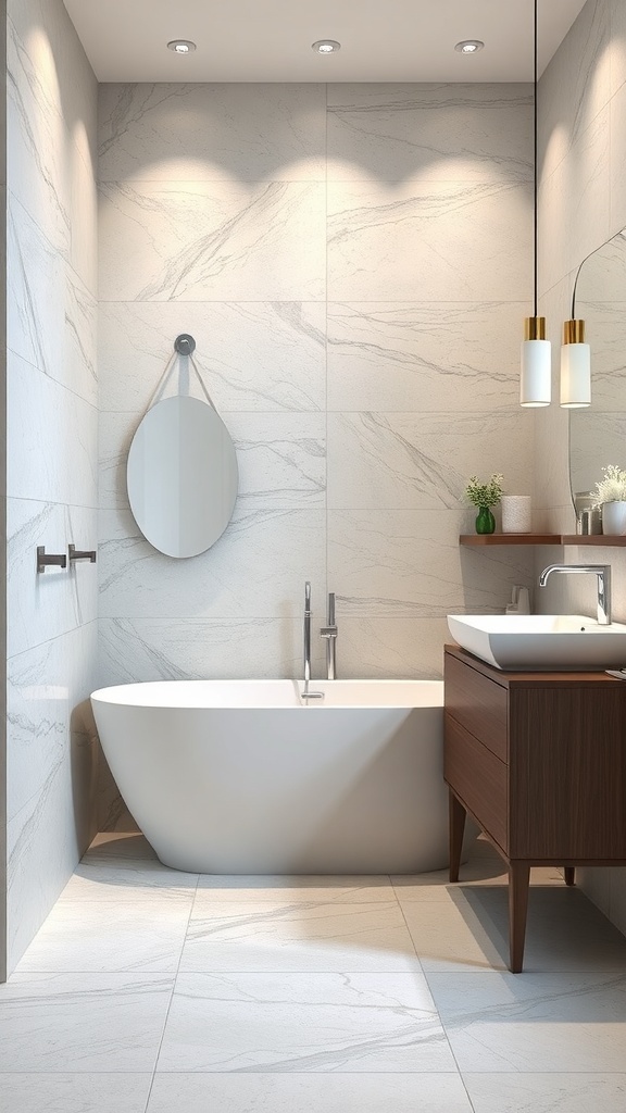A modern bathroom with porcelain tiles that mimic natural stone, featuring a freestanding bathtub and stylish fixtures.