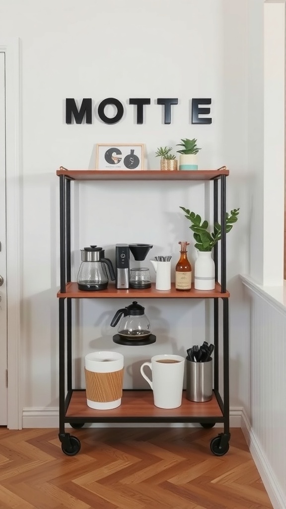 A stylish portable coffee station on wheels with three shelves, featuring a coffee maker, cups, and decorative items.