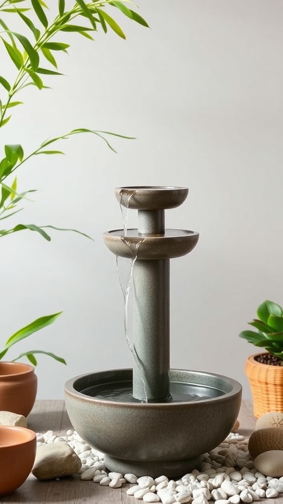 A modern portable indoor fountain with a tiered design, surrounded by pebbles and plants.