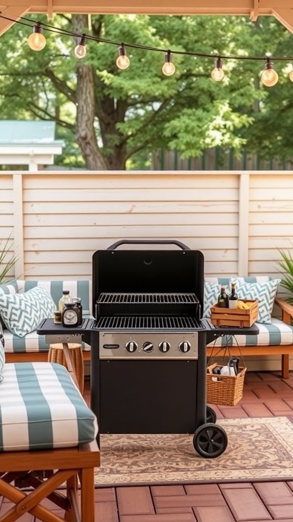 A portable black grill on a patio with cozy seating and string lights.
