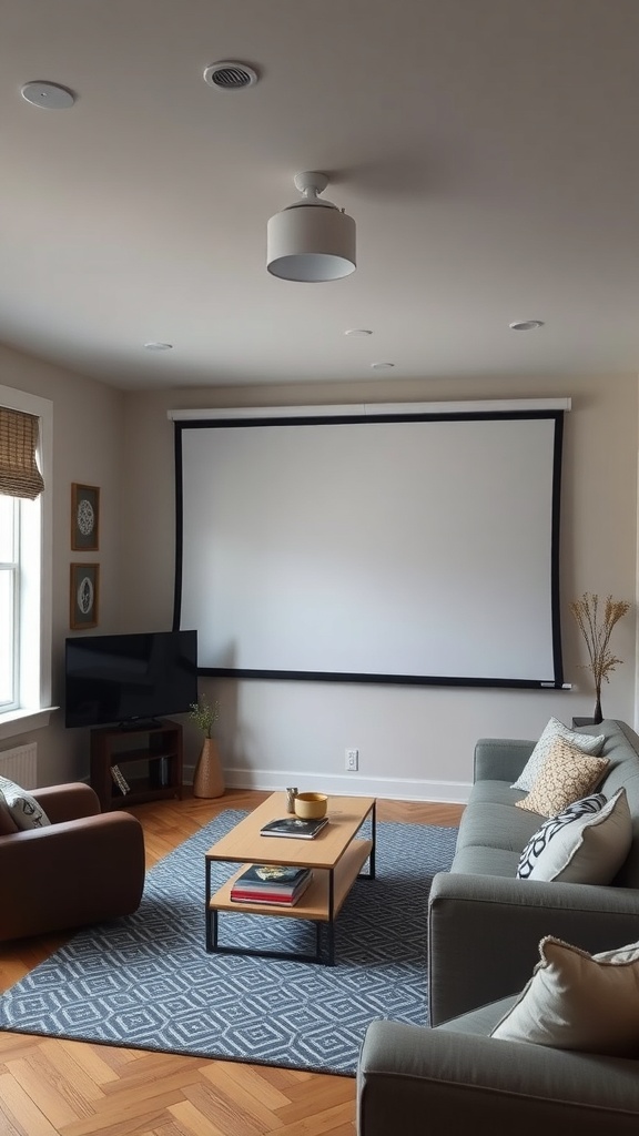 A cozy living room with a portable projector screen, comfortable seating, and a coffee table.