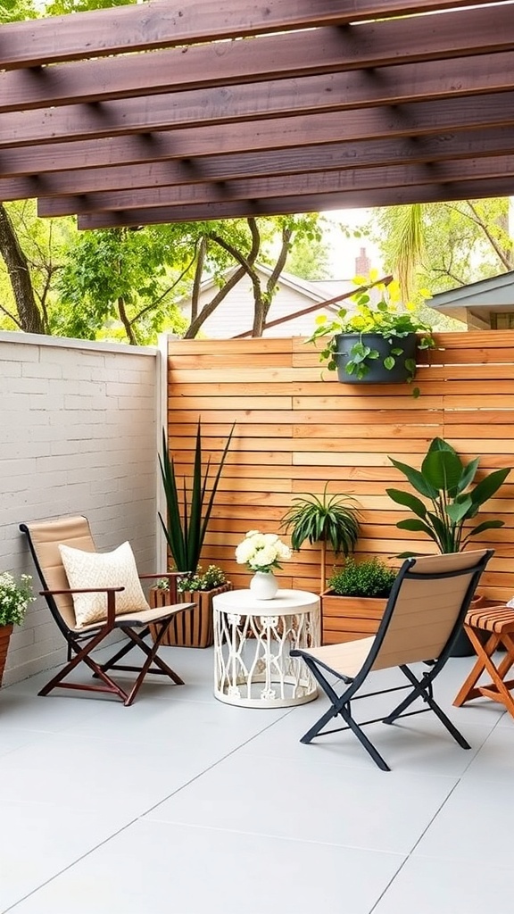 A minimalist patio featuring portable folding chairs, a small side table, and greenery.