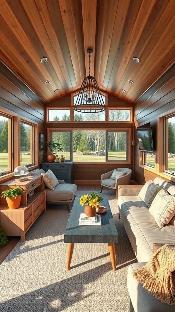 Heller und einladender Wohnraum in einem tragbaren Tiny House mit Holzverkleidung und großen Fenstern.