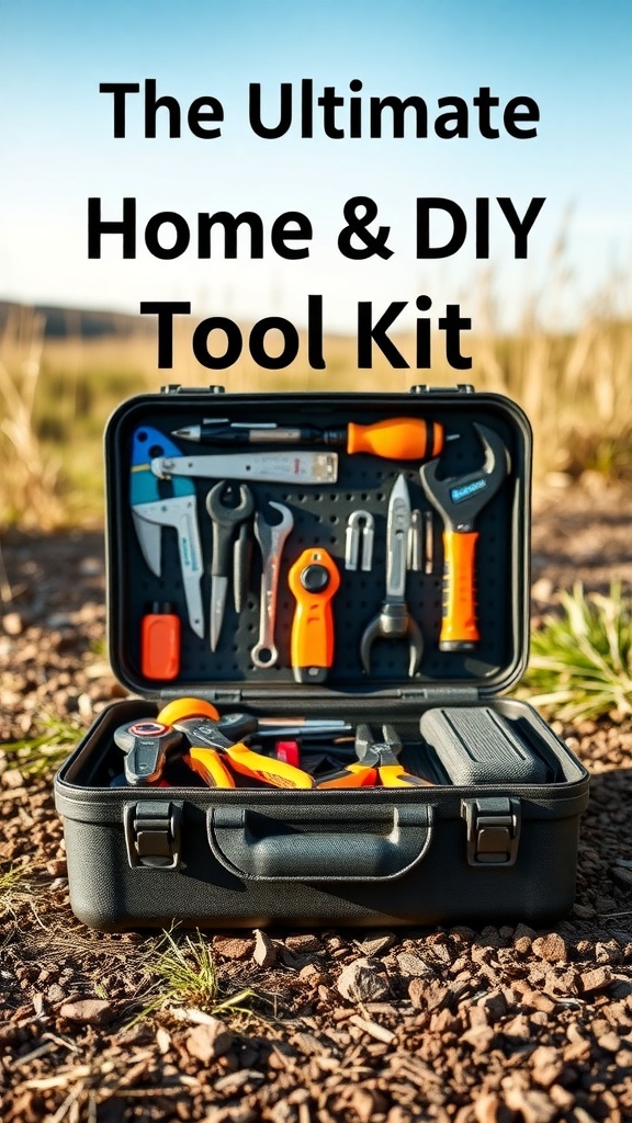 A portable tool kit with various tools displayed inside a black case, set against a natural background.