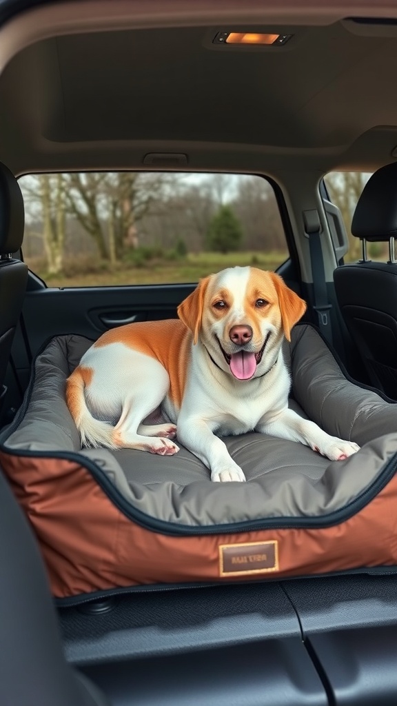 A happy dog resting in a Toman Doss Dog Bed inside a car.