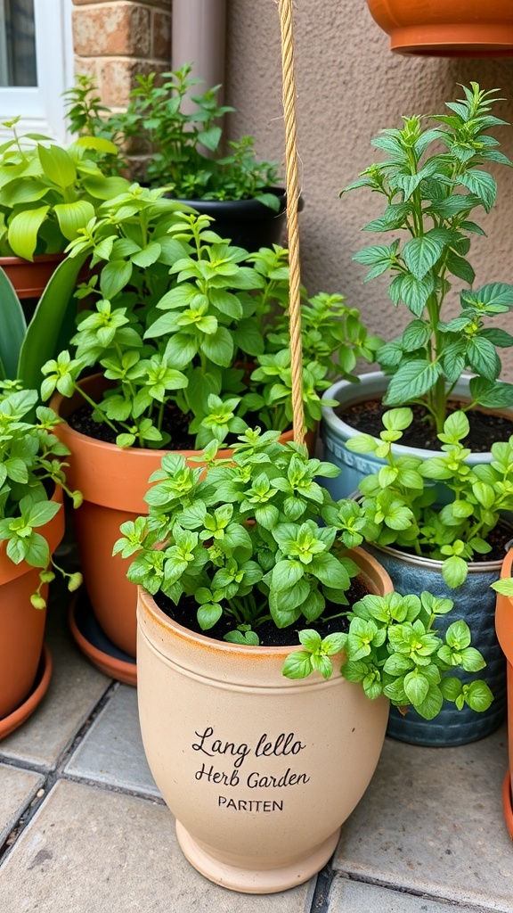 A collection of potted herbs and flowers on a patio, showcasing a small backyard garden.