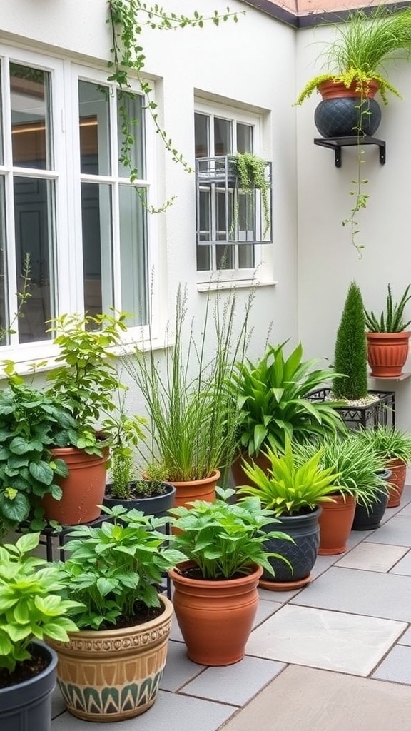 A collection of potted herbs and plants arranged on a patio, showcasing various sizes and colors of pots.