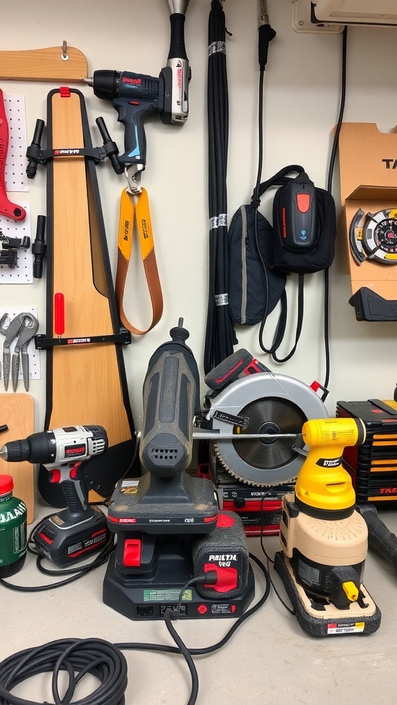 A well-organized home and DIY toolkit with various power tools.