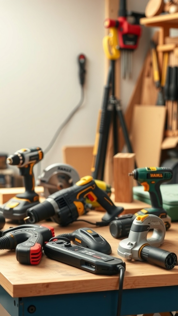 A collection of various power tools on a workbench, including drills, saws, and other equipment.