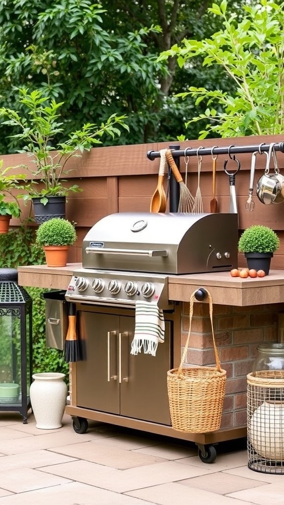 Moderne Grillstation im Freien mit Grill, Utensilien und Pflanzen