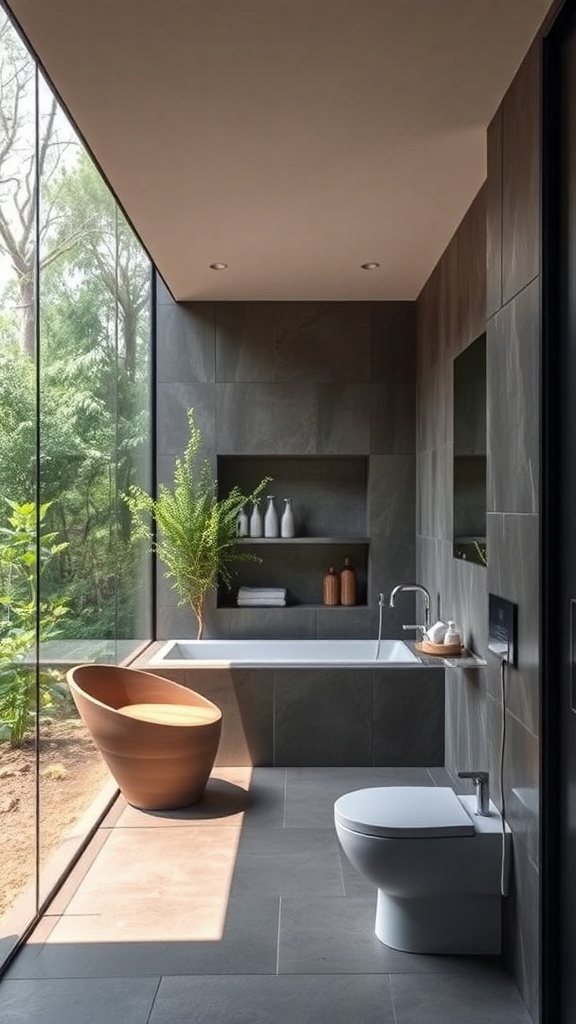 A modern bathroom with large glass windows, a sleek bathtub, and earthy decor, promoting water conservation.