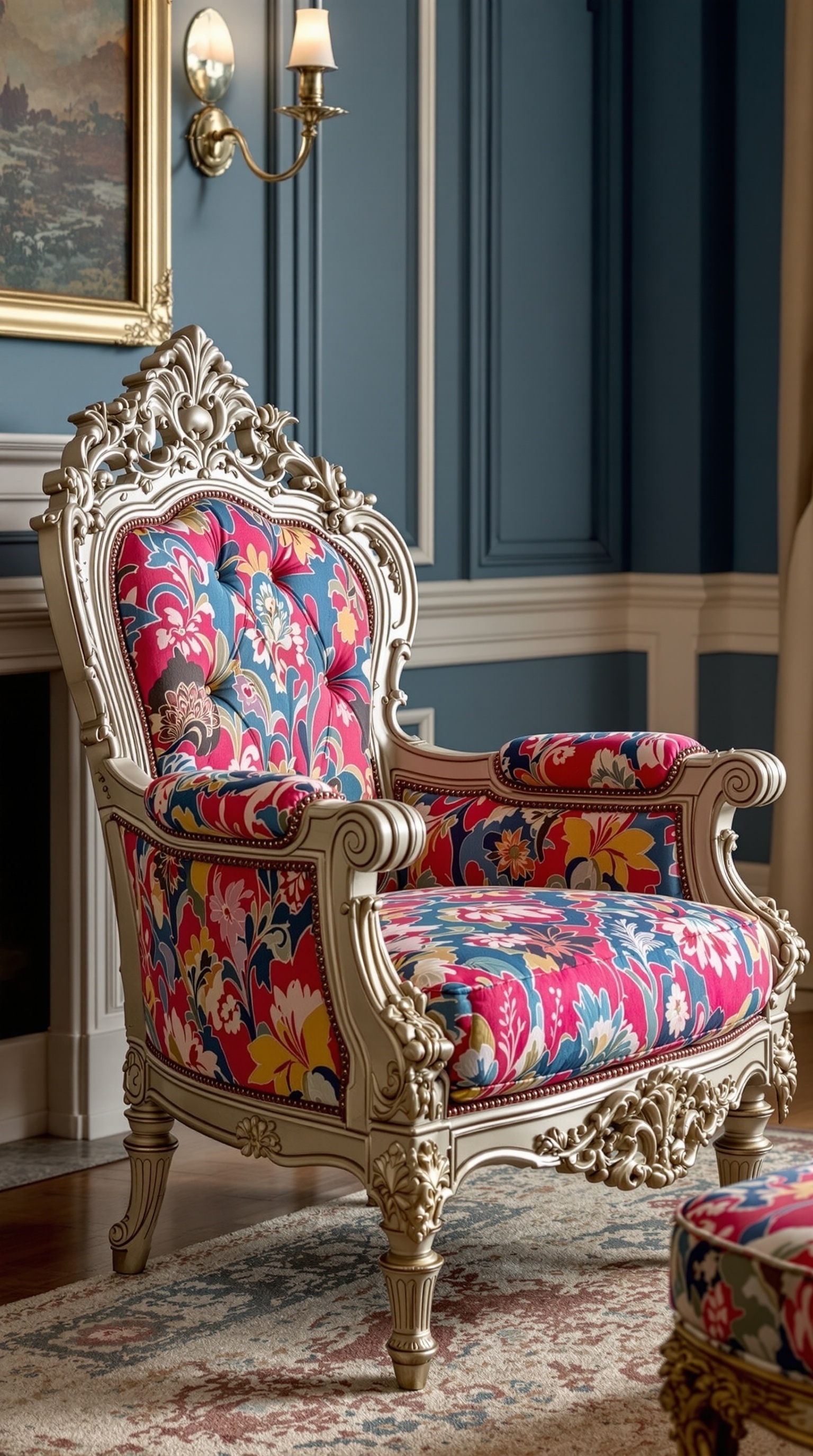 Ein eleganter Rokoko Revival Sessel in einem hellen Raum mit Meerblick, umgeben von großen Fenstern und einem Kronleuchter.