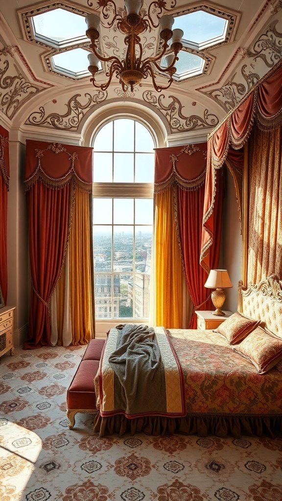 Luxuriöses Rococo Schlafzimmer mit prächtigen Vorhängen und eleganter Bettwäsche