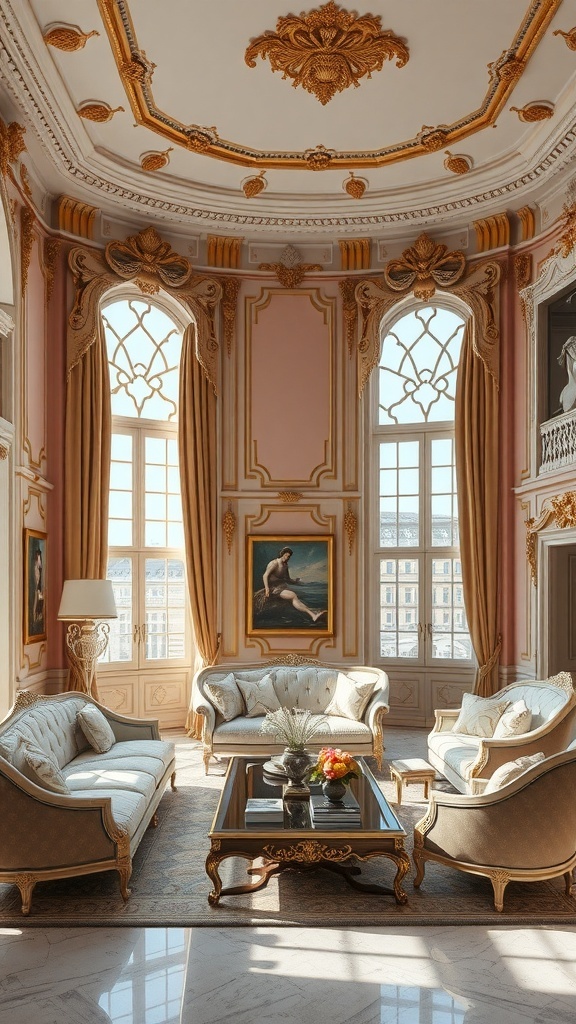 Luxuriöses Rococo Wohnzimmer mit prunkvollen Wandverkleidungen und eleganten Möbeln