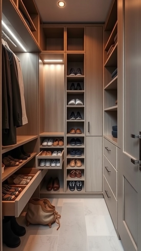 A small walk-in closet featuring pull-out shoe drawers with neatly arranged shoes.