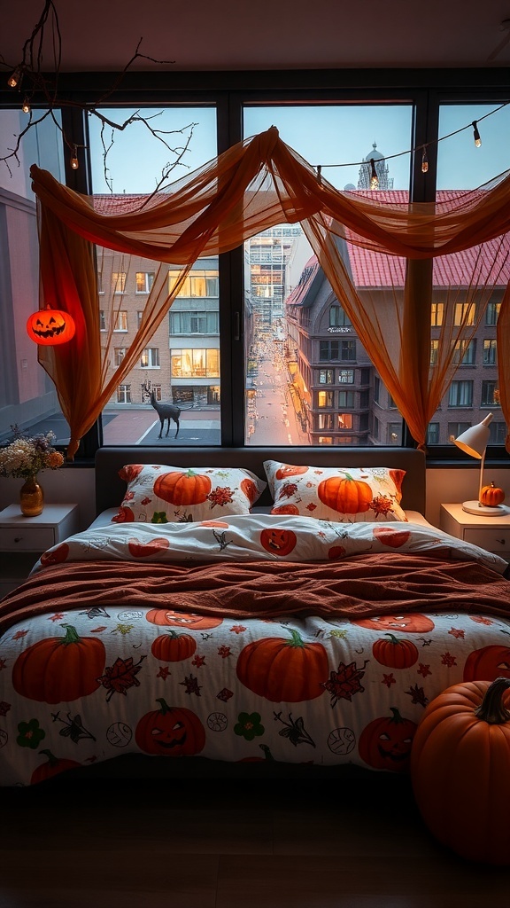 Kürbis-Themen Bettwäsche in einem gemütlichen Schlafzimmer mit Halloween-Dekoration