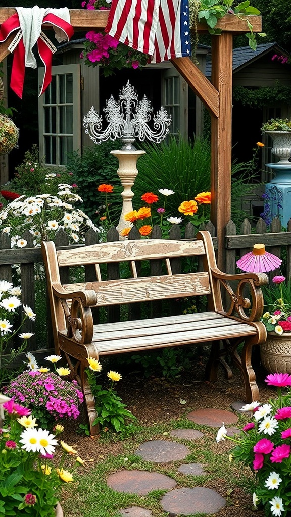 A rustic wooden bench surrounded by colorful flowers in a charming garden setting.