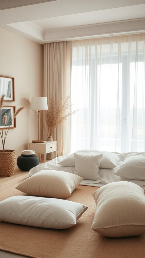 A serene bedroom with soft pillows, natural light, and a calming atmosphere.