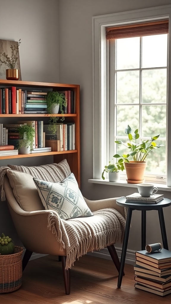 Cozy reading nook with a chair, coffee cup, and bookshelf.
