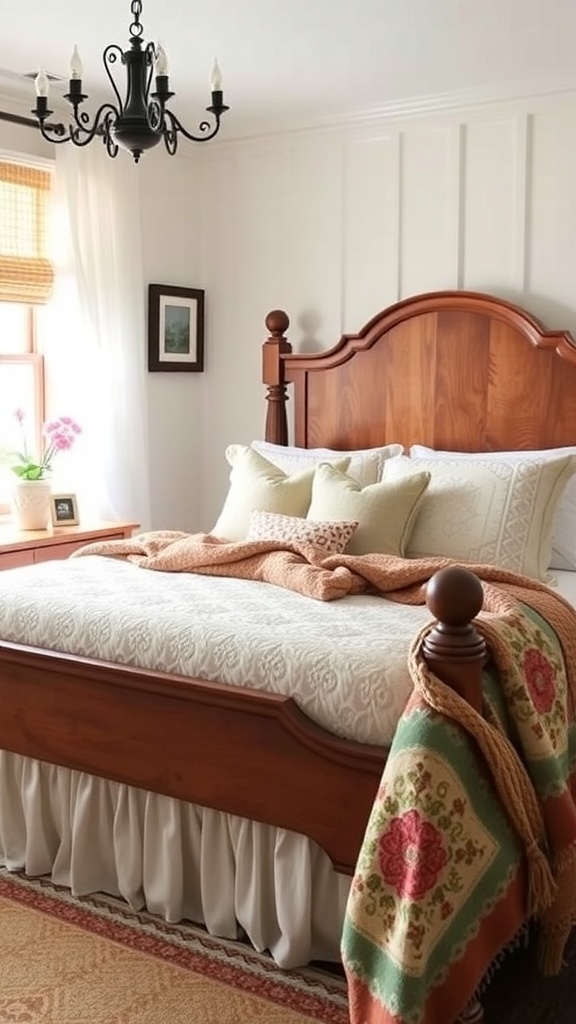 A cozy Southern style bedroom featuring a quilted bedspread and decorative throws.