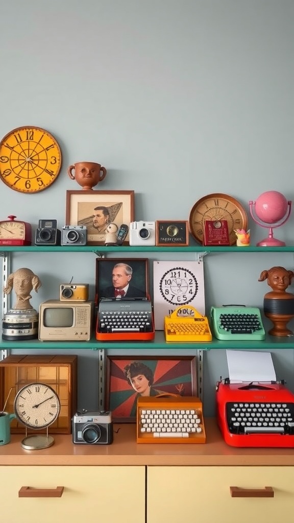 A colorful display of vintage accessories including typewriters, cameras, clocks, and decorative items on shelves.