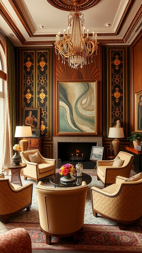Elegantes Wohnzimmer mit Kunstwerken und stilvollen Möbeln