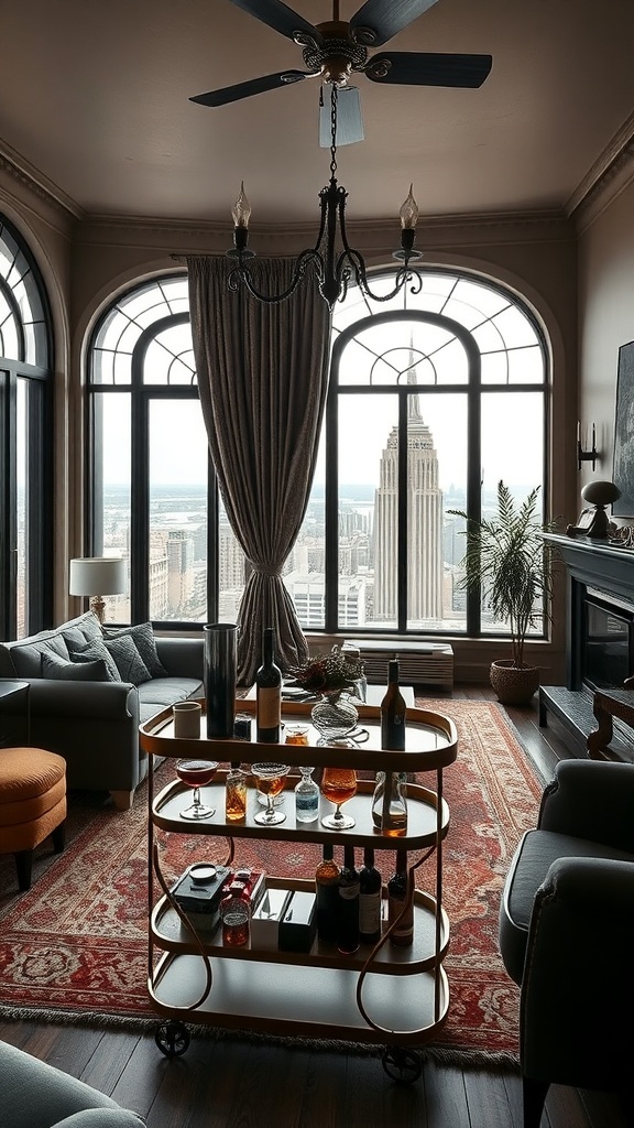 Ein stilvoller Barwagen in einem luxuriösen Wohnzimmer mit Blick auf die Skyline.