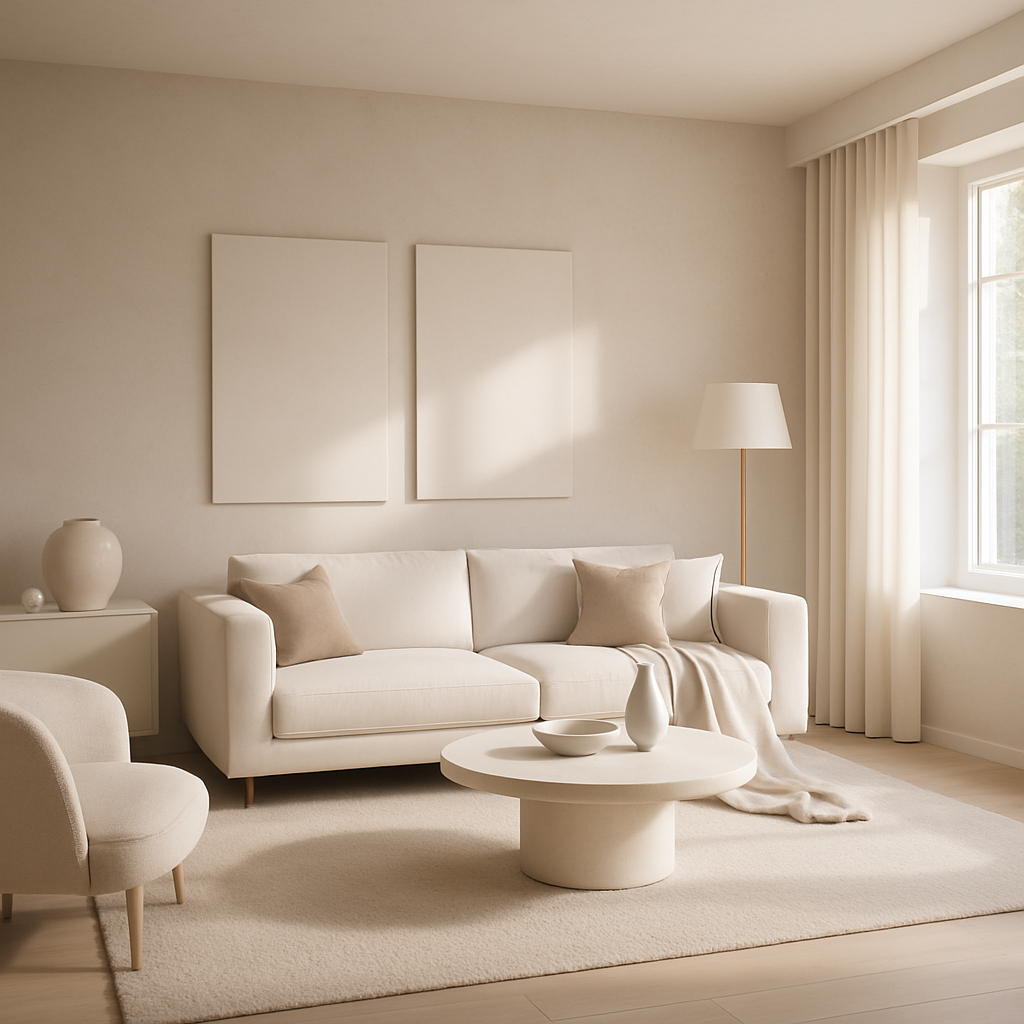 Minimalistisches Wohnzimmer mit weißem Sofa, runden Couchtisch und sanften Farben