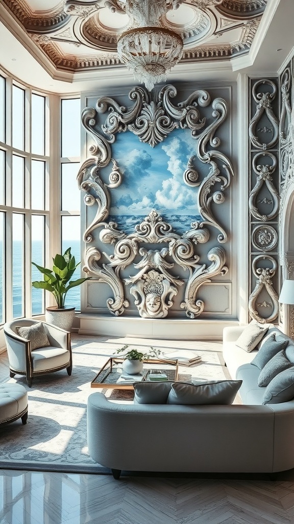 Luxuriös gestalteter Wohnraum mit opulenter Wandkunst und modernem Mobiliar
