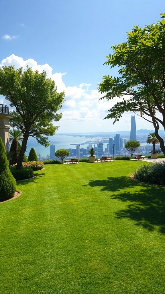 Weitläufige Rasenfläche in einem eleganten Garten mit Blick auf die Stadt