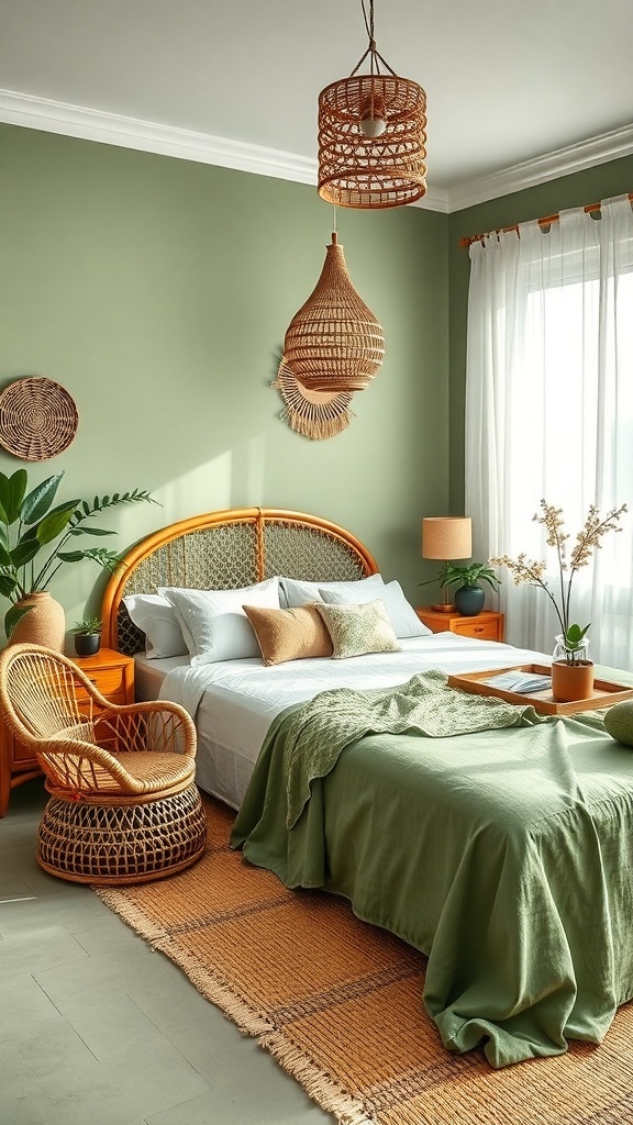 A boho-style bedroom with sage green walls and rattan furniture, featuring a cozy atmosphere.