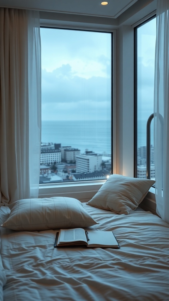 Gemütliches Schlafzimmer mit Meerblick und einem aufgeschlagenen Buch auf dem Bett