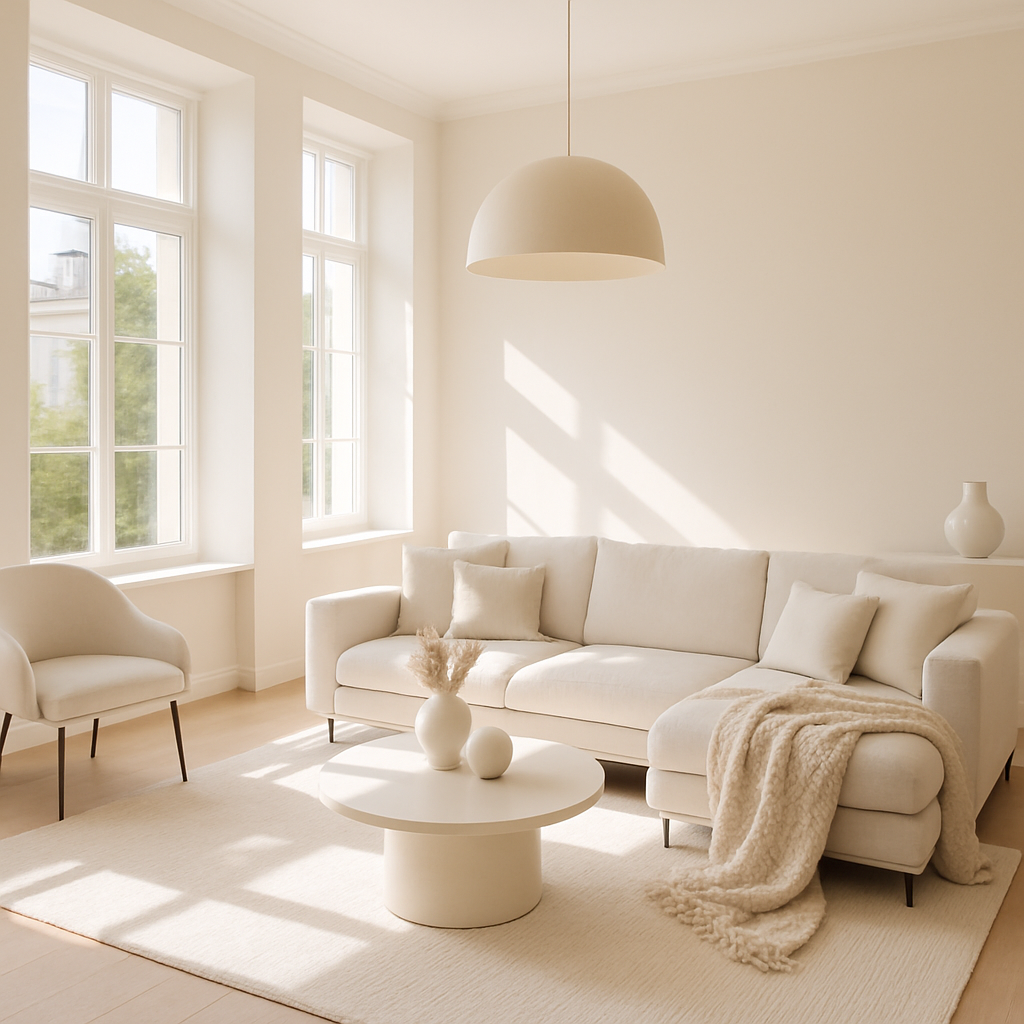 Helles Wohnzimmer mit großen Fenstern, einem weißen Sofa und einem runden Couchtisch.