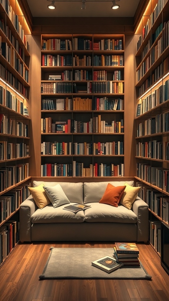 Cozy reading nook with a sofa and bookshelves filled with books.