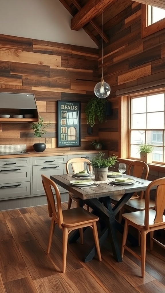 Cozy interior featuring reclaimed wood accents, including wooden walls, a dining table, and chairs.