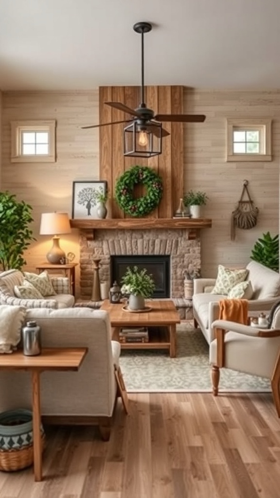 Cozy living room featuring reclaimed wood accents, a stone fireplace, and light-colored furniture.