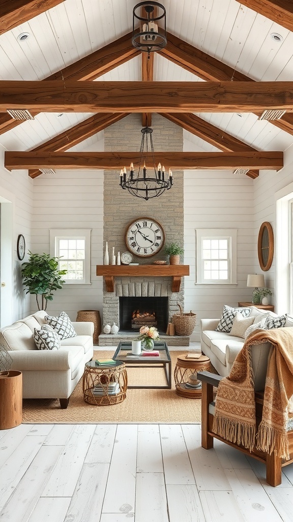 Living room with reclaimed wood accents, featuring wooden beams, cozy sofas, and a warm fireplace.