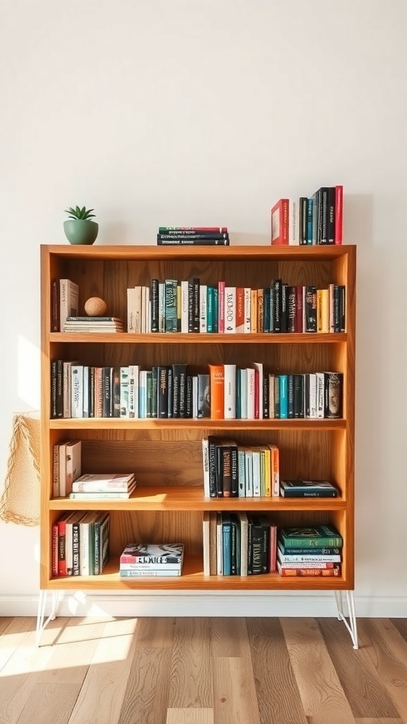 A reclaimed wood bookshelf filled with various books and a small plant on top.