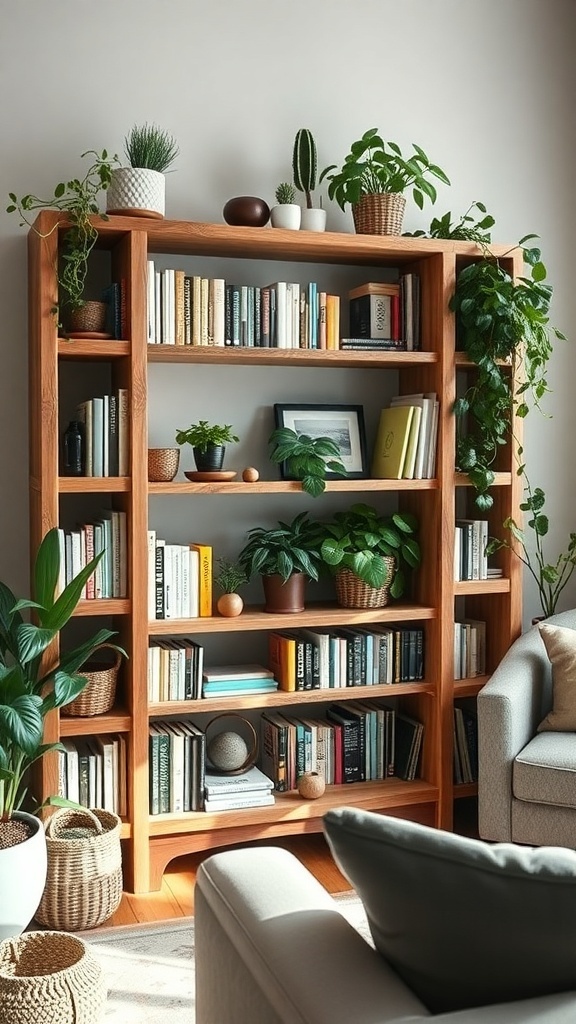 A reclaimed wood bookshelf filled with books and potted plants, creating a cozy and rustic atmosphere.