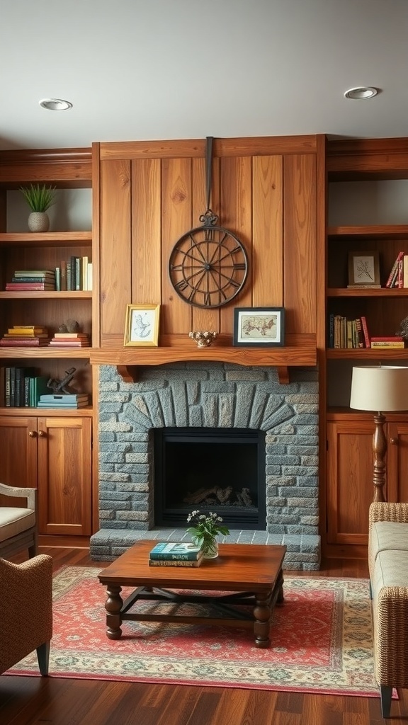 A living room featuring reclaimed wood bookshelves filled with books and decorative items, alongside a stone fireplace.