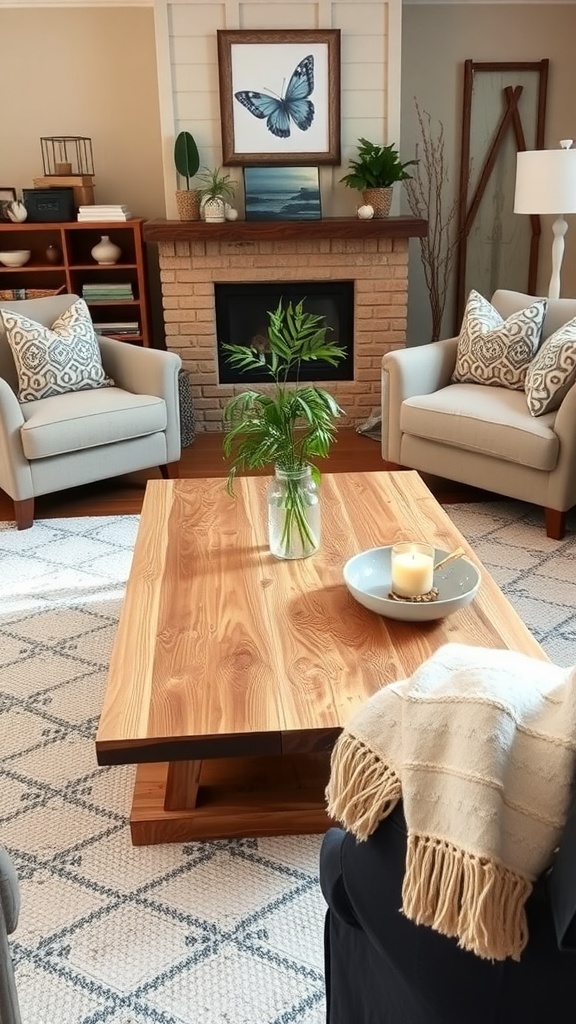 A cozy living room featuring a reclaimed wood coffee table, surrounded by comfortable chairs and a warm fireplace.